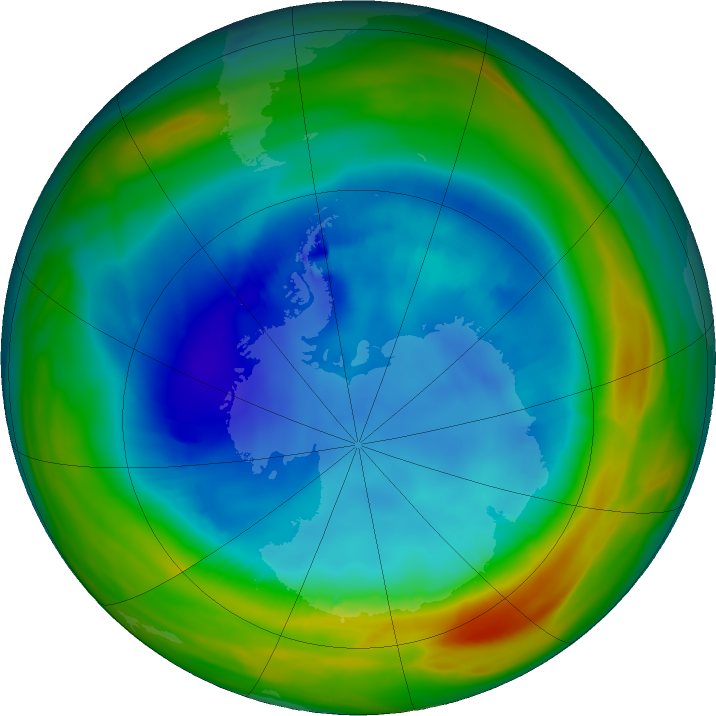 Antarctic ozone map for 15 August 2019